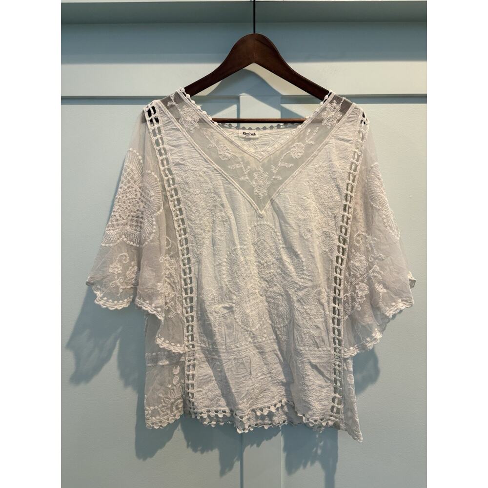 Kindred Top Women Small Ivory Blouse Crochet Embroidered Peasant Flowy Tunic